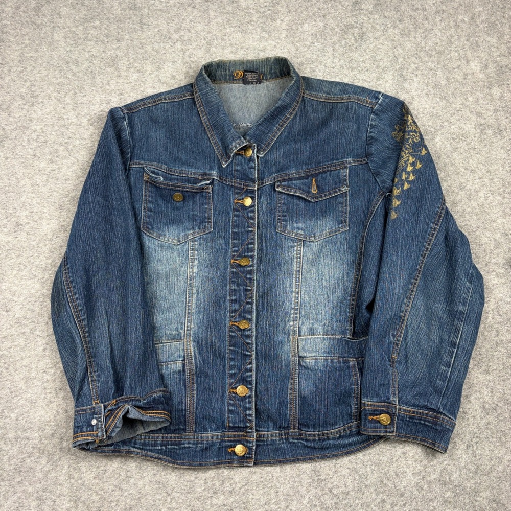 Y2K Drama Denim Jacket Womens Large Blue Gold Foil Embellished Jean Jacket Skate